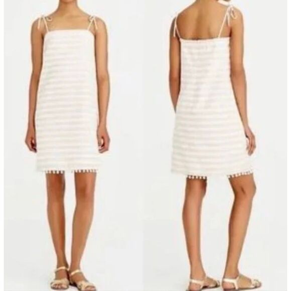 J.Crew beige striped Pom trim linen tie shoulder dress size xs - Picture 1 of 12